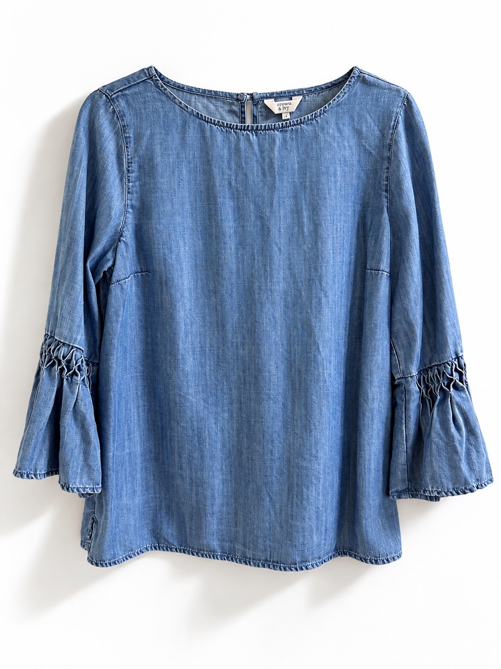 Crown & Ivy Chambray Bell Sleeve Top Demin Blue Smocked Boho Blouse Size S